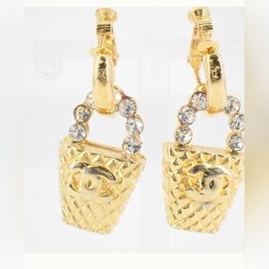 Chanel Vintage Matelassé Bucket Bag Charm Earrings Gold Plated Authentic